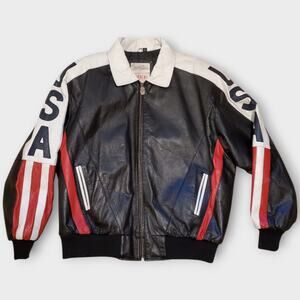 Michael Hoban Vintage WhereMi Leather‎ bomber USA Flag Jacket Mens Size XL '90s